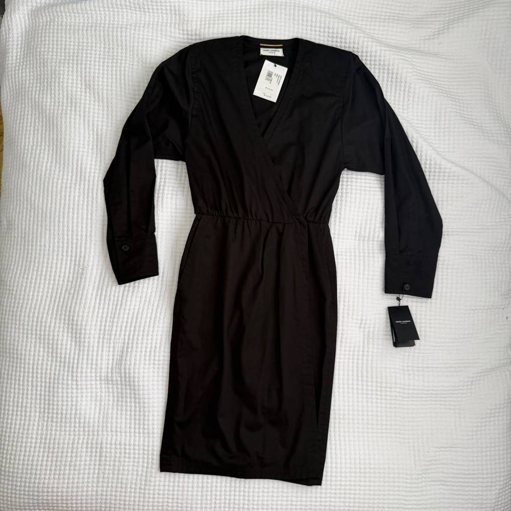 Saint Laurent Wrap Effect Mini Dress Black Cotton Twill Long Sleeve US 6 NWT - Picture 2 of 16